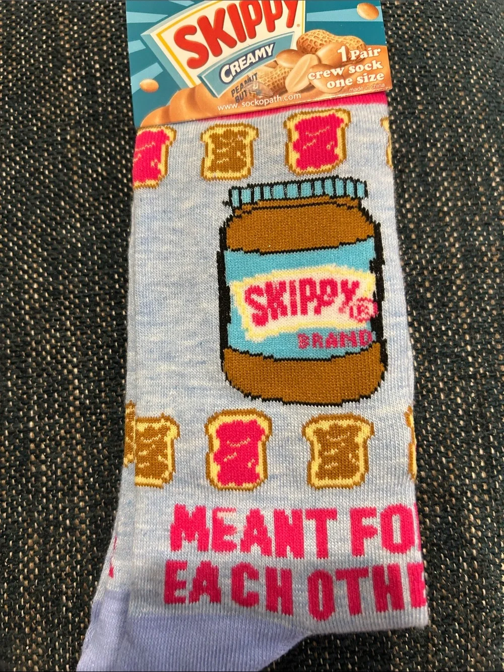 Light Blue Crew Socks with Peanut Butter Jar Graphic